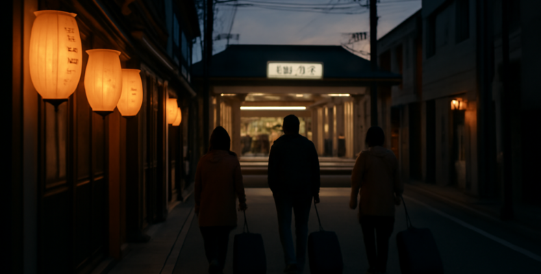 Suasana jalan menuju stasiun kereta di kota Jepang saat senja