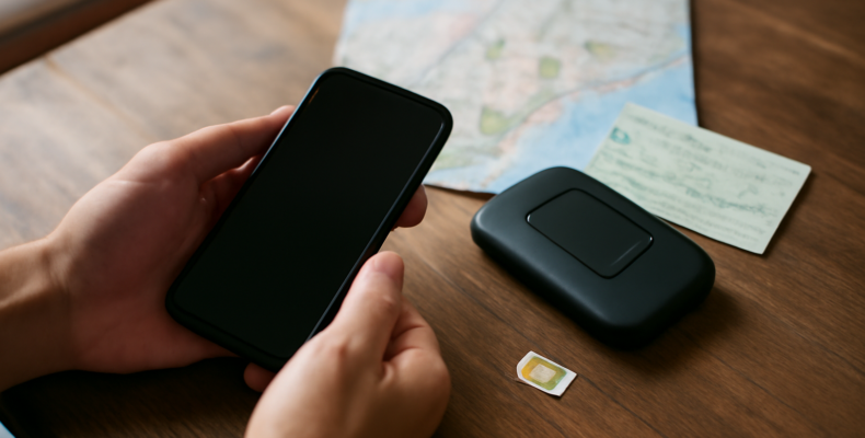 Ponsel, kartu SIM prabayar, dan pocket WiFi di atas meja untuk perbandingan koneksi internet wisata Jepang