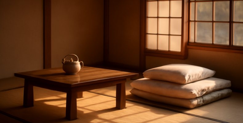 Kamar ryokan Jepang dengan lantai tatami dan futon yang digelar di samping jendela shoji
