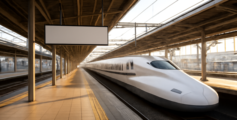 Stasiun kereta di Jepang dengan kereta Shinkansen dan papan petunjuk jalur