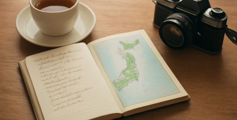 Buku catatan berisi itinerary perjalanan Jepang dengan peta dan kamera di meja kayu